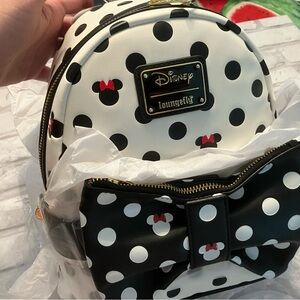NWT Loungefly Disney Black & White Minnie Mouse Polka Dot Backpack and Belt Bag